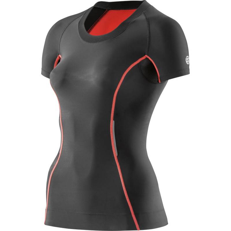 Damen T-Shirt kompressions kurzarm Skins Bio A200 - schwarz/rot