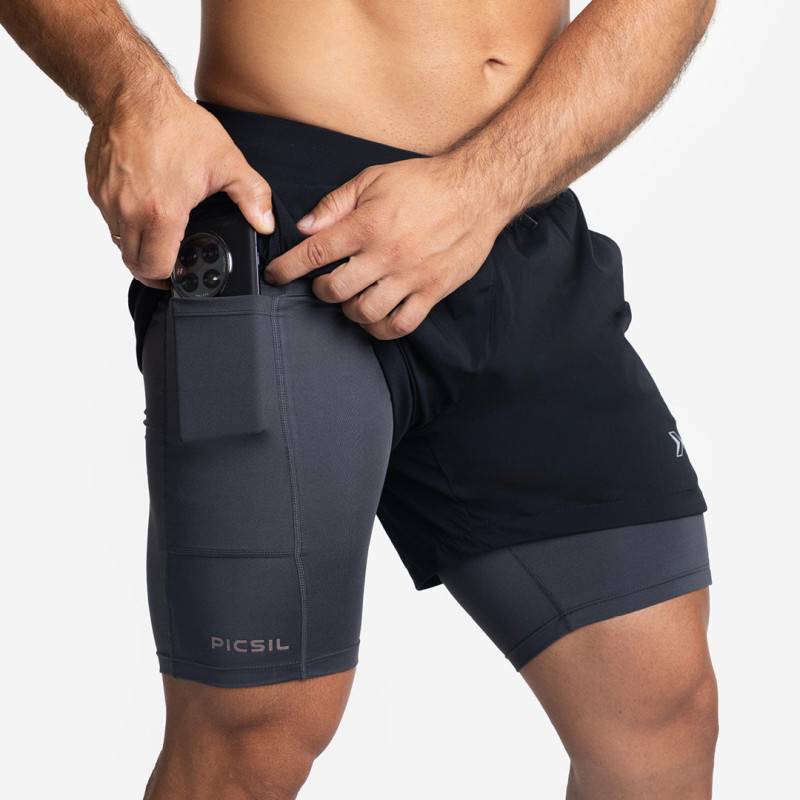 Herren Picsil Premium 2-in-1 Compression Shorts NEW - Schwarz