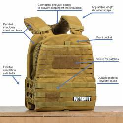Tactical Plate Weight Vest 20 LB WORKOUT 3.0 - Khaki + Velcro patch (for WOD Murph)