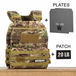 Zátěžová taktická plátová vesta 20 lb WORKOUT 3.0 - Camo + nášivka (pro WOD Murph)