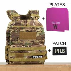 Zátěžová taktická plátová vesta 14 lb WORKOUT 3.0 - Camo + nášivka (pro WOD Murph)