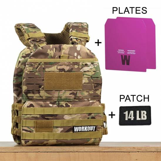 Zátěžová taktická plátová vesta 14 lb WORKOUT 3.0 - Camo + nášivka (pro WOD Murph)