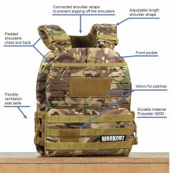 Tactical Plate Weight Vest 14 LB WORKOUT 3.0 - Camo + Velcro patch (for WOD Murph)