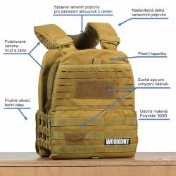 Tactical Plate Weighted Vest 15 kg WORKOUT 3.0 - Khaki + Velcro patch 15 kg